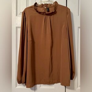 SHEIN Brown Ruffled Long Sleeve Blouse with Peter Pan Collar